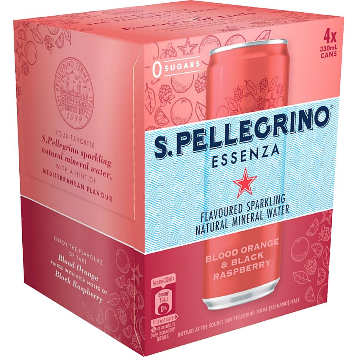 San Pellegrino Sparkling Mineral Water Blood Orange & Black Raspberry Cans 330mL x 4 pack