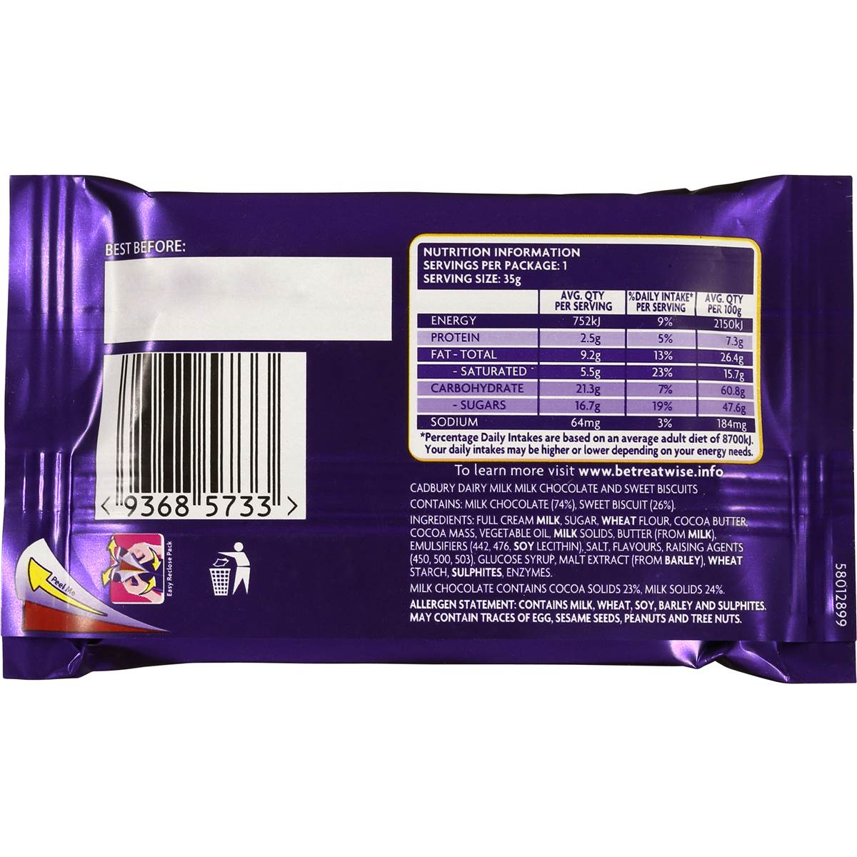 Cadbury Dairy Milk & Sweet Biscuits 35g bar Woolworths