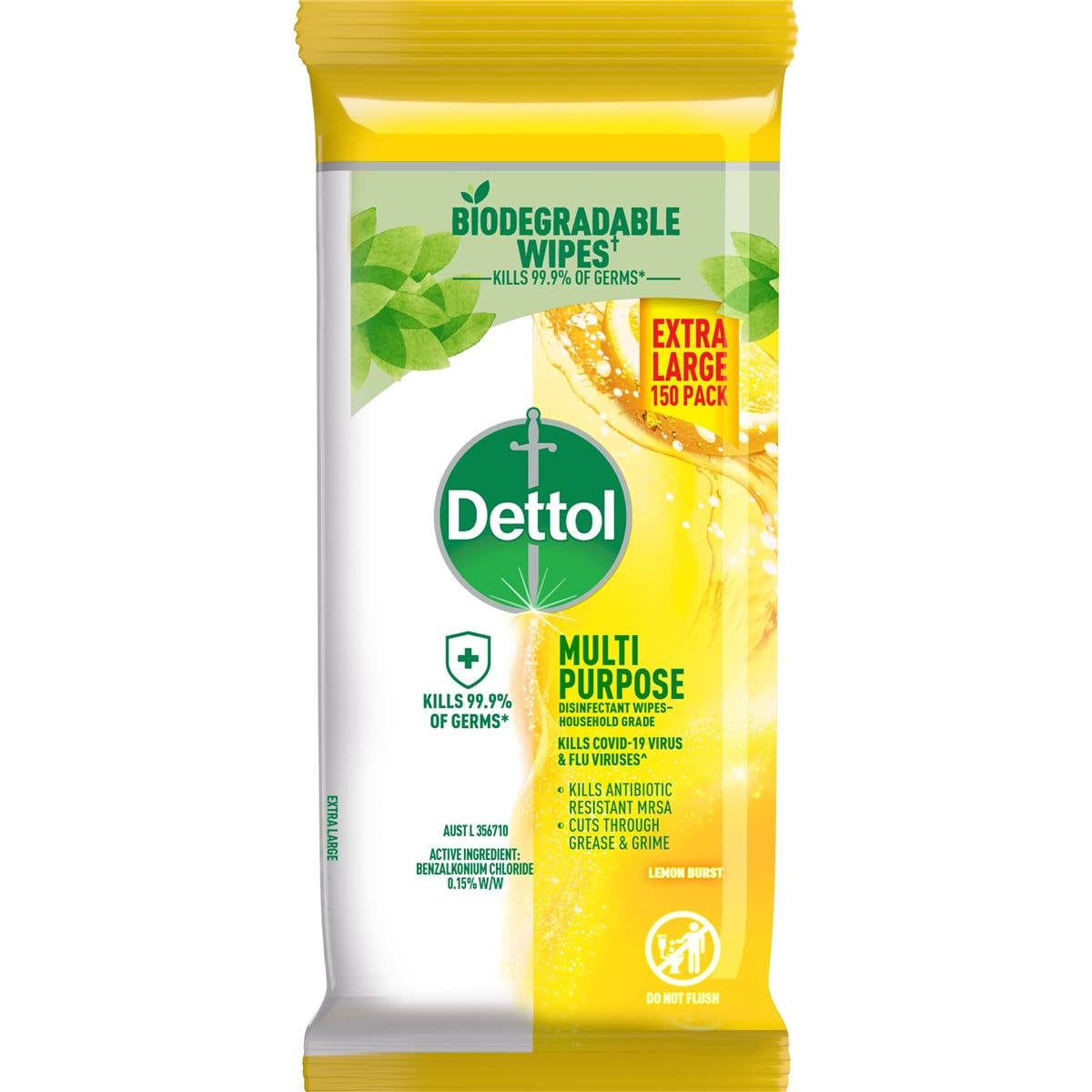 Dettol Multipurpose Disinfectant Wipes Extra Large Lemon Burst 150 pack