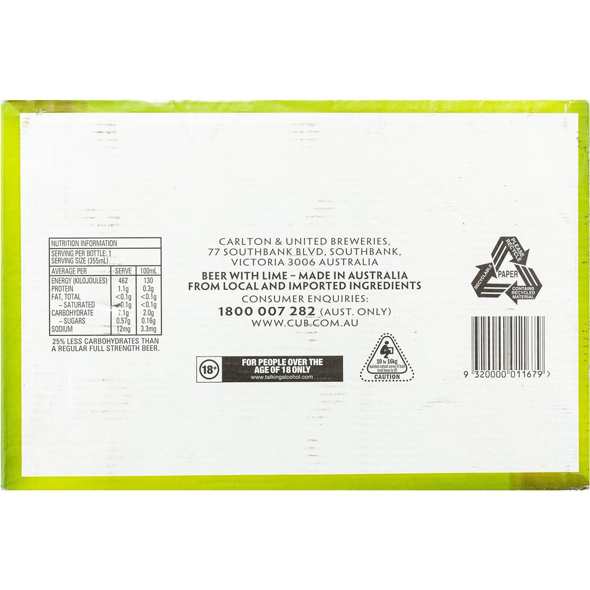 Carlton Dry Low Carb Fusion Lime Bottles 24x355ml case Woolworths