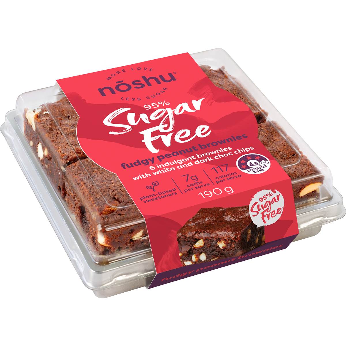 Noshu 95% Sugar Free Fudgy Peanut Brownies 190g 6 pack