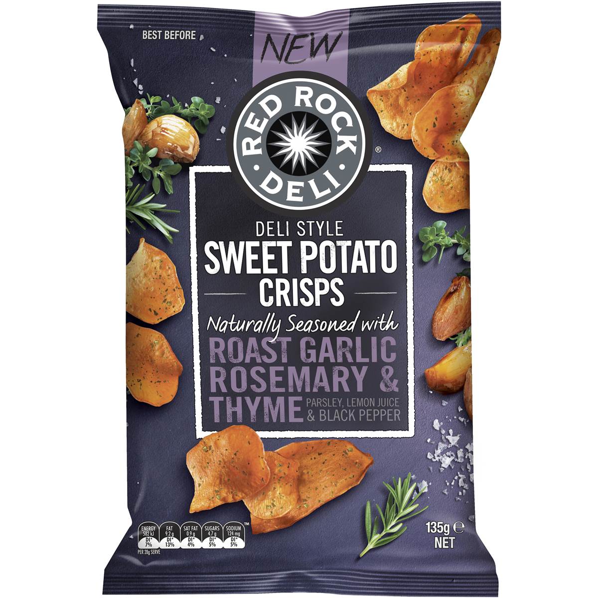 Red Rock Deli Sweet Potato Crisps Roast Garlic Rosemary & Thyme 135g