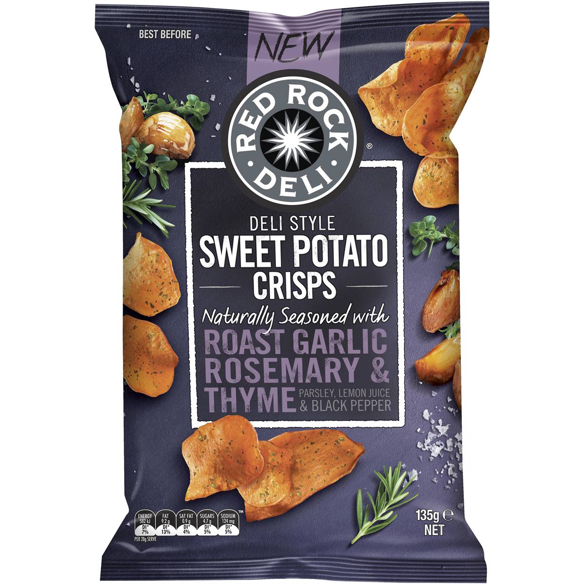 Red Rock Deli Sweet Potato Crisps Roast Garlic Rosemary & Thyme 135g
