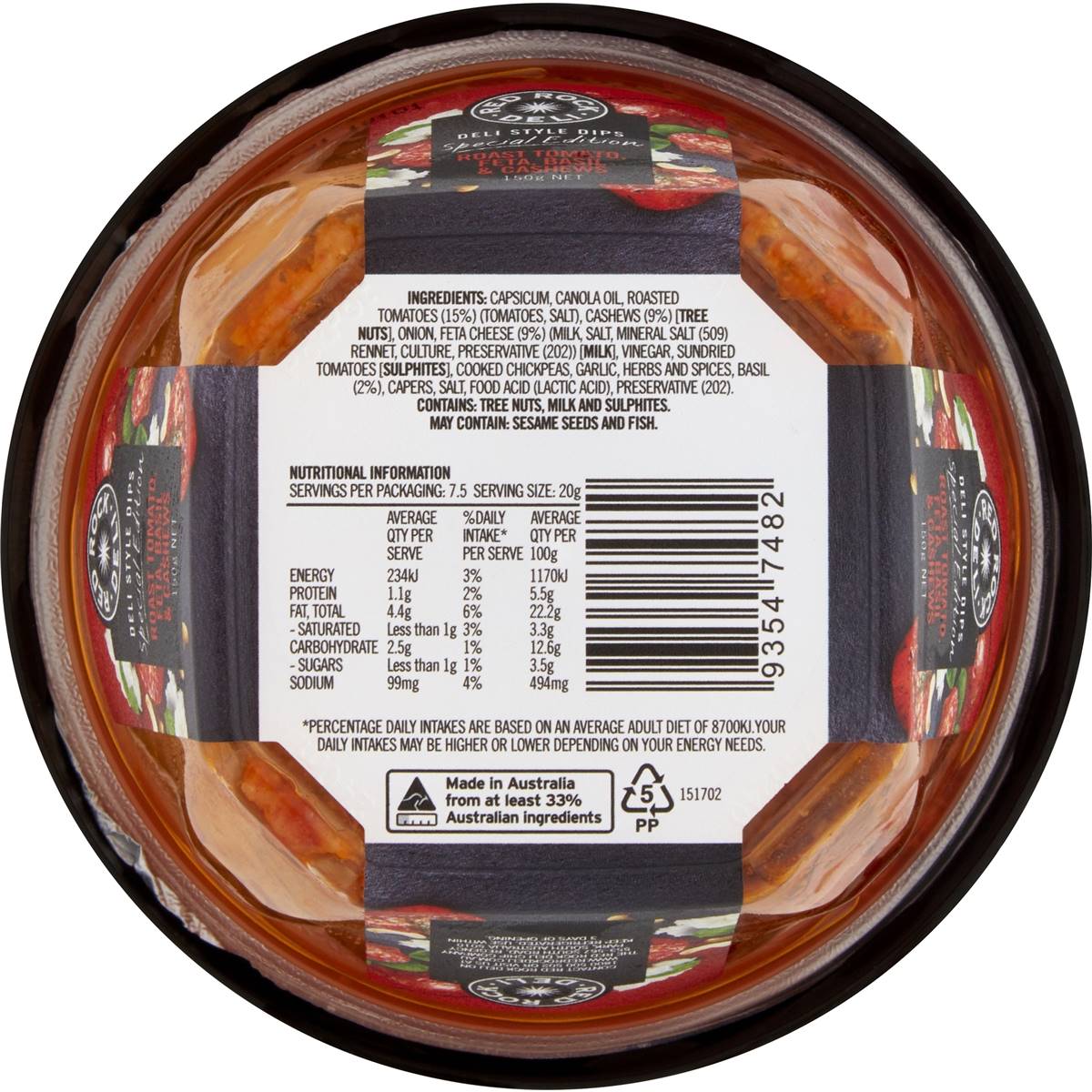 Red Rock Deli Roast Tomato Feta Basil & Cashew Dip 150g Woolworths