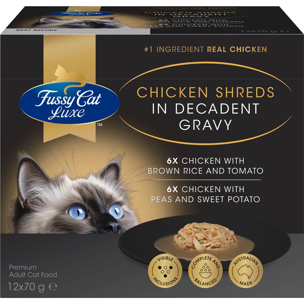 Fussy Cat Luxe Chicken Shreds In Gravy Wet Cat Food 70g x 12 pack