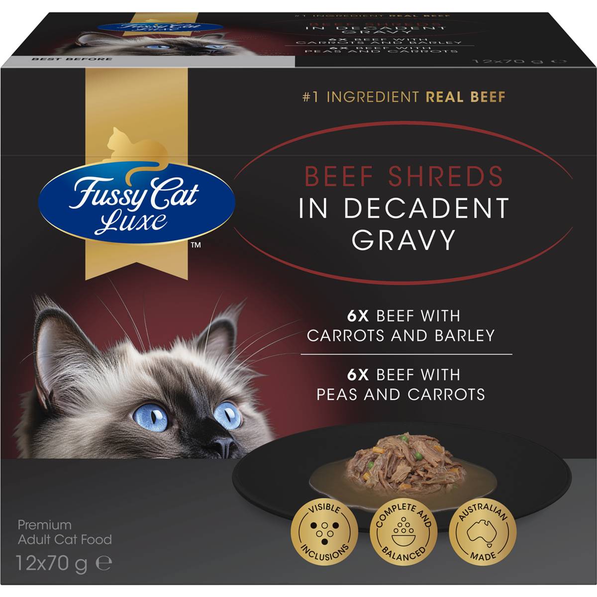 Fussy Cat Luxe Beef Shreds In Gravy Wet Cat Food 70g x 12 pack