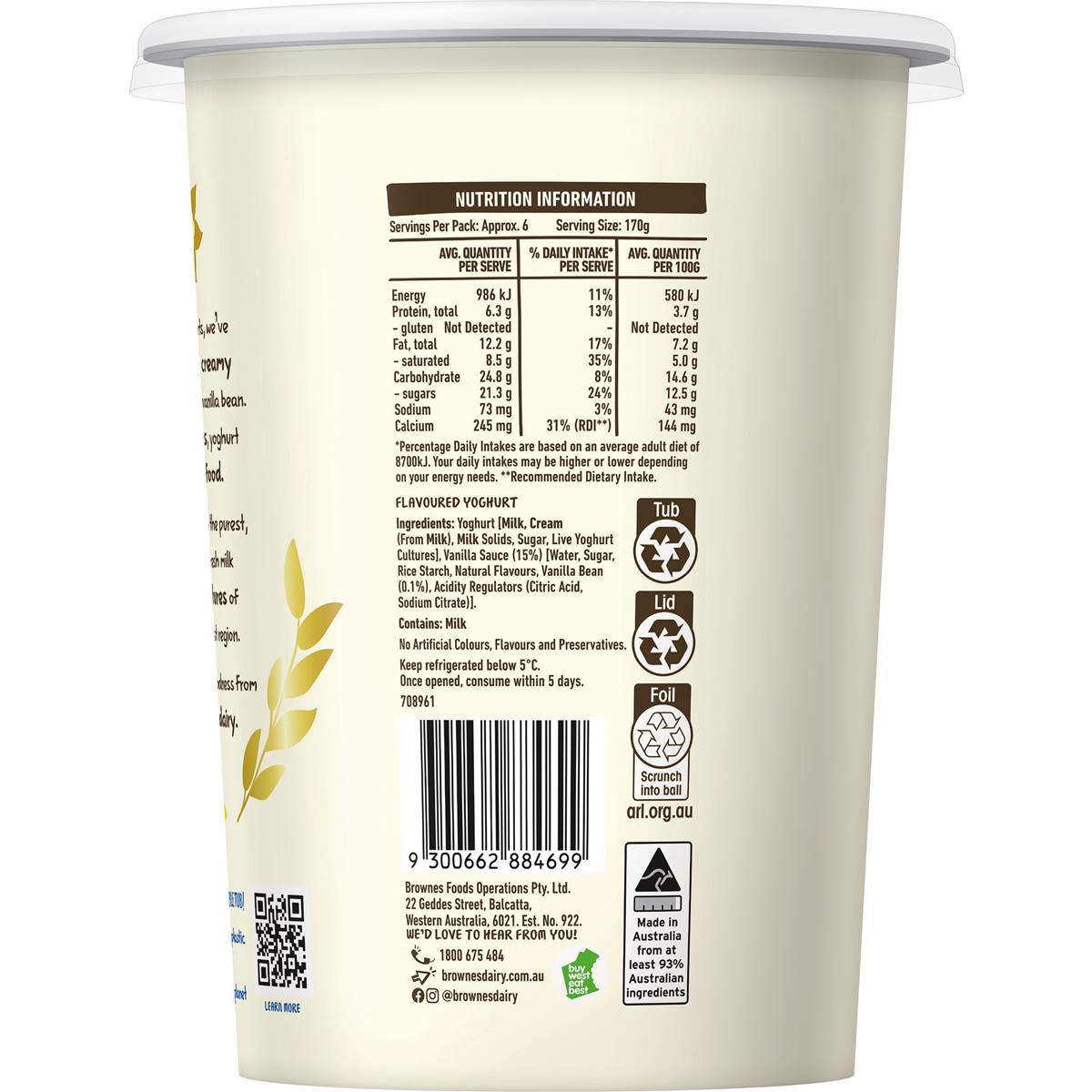 Brownes Natural Yoghurt With Vanilla Bean 1kg Woolworths