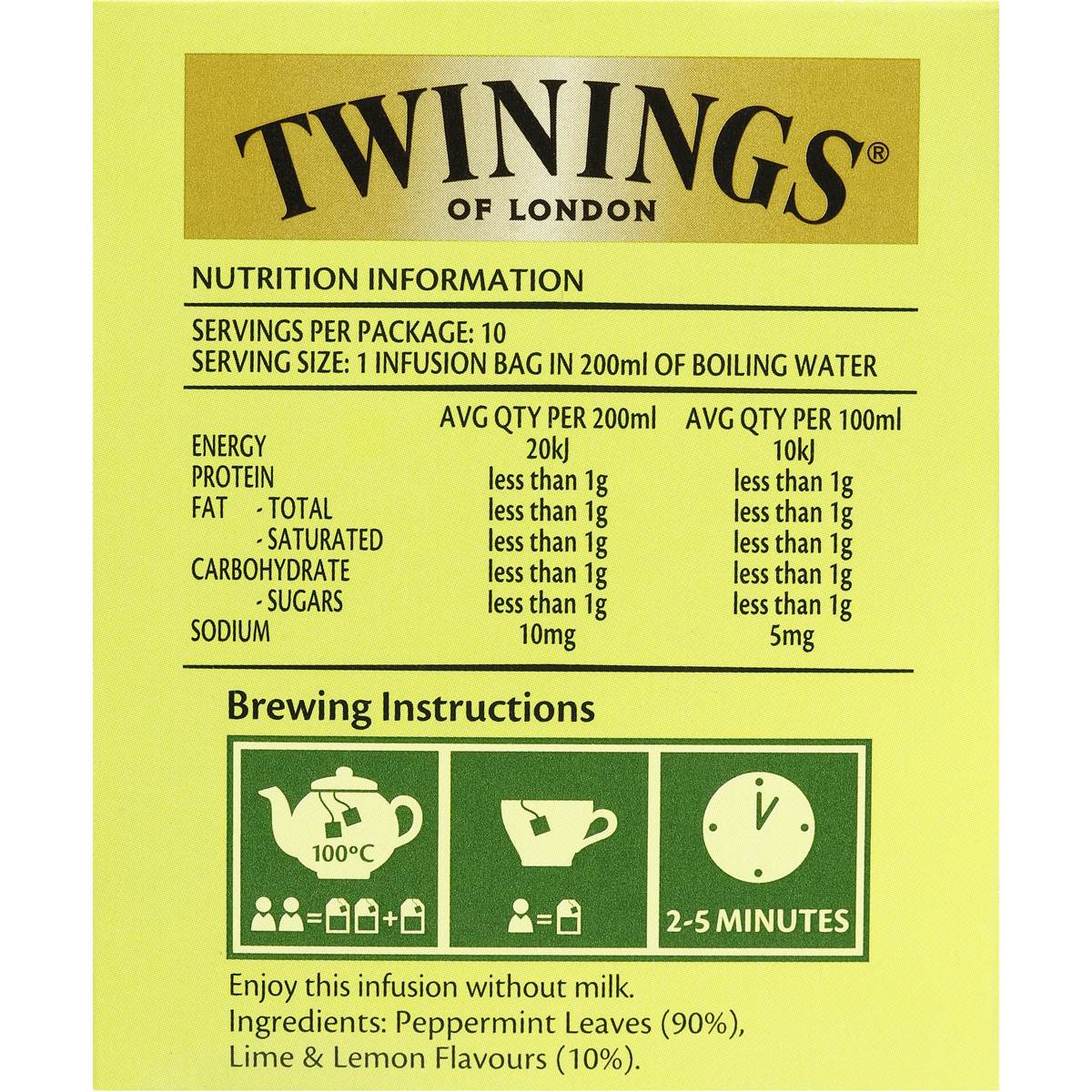Twinings Peppermint & Lime Tea Bags 10pk Woolworths