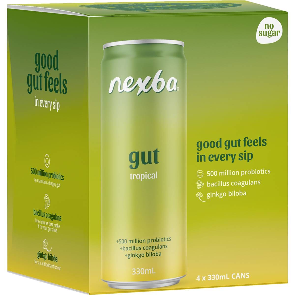 Nexba Gut Tropical Probiotic Drink Cans 330mL x 4 pack