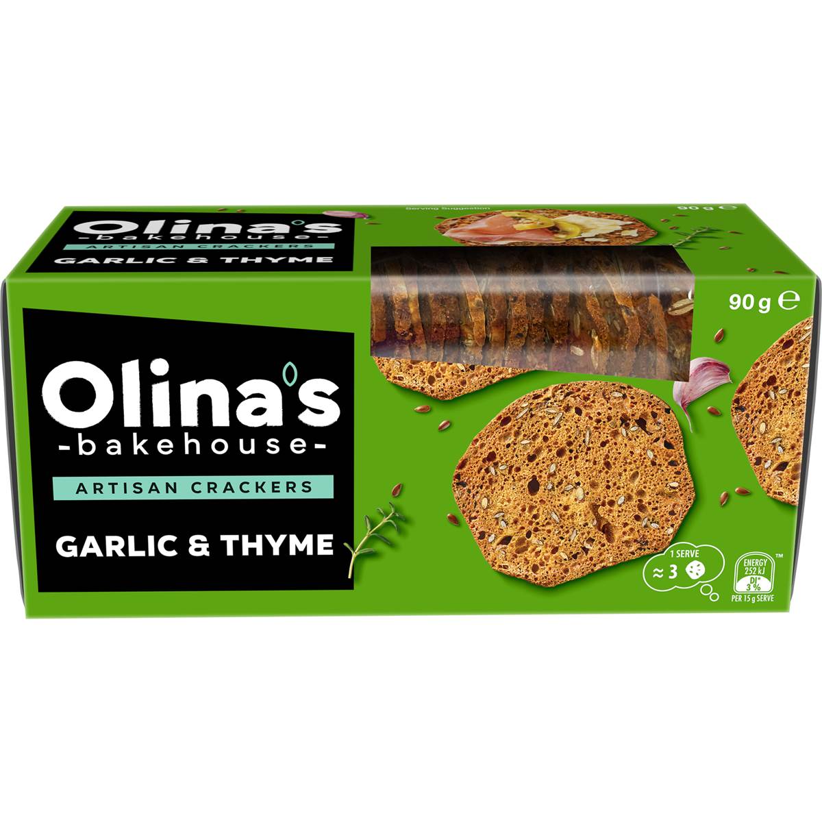 Olina's Bakehouse Artisan Crackers Biscuits Garlic & Thyme 90g