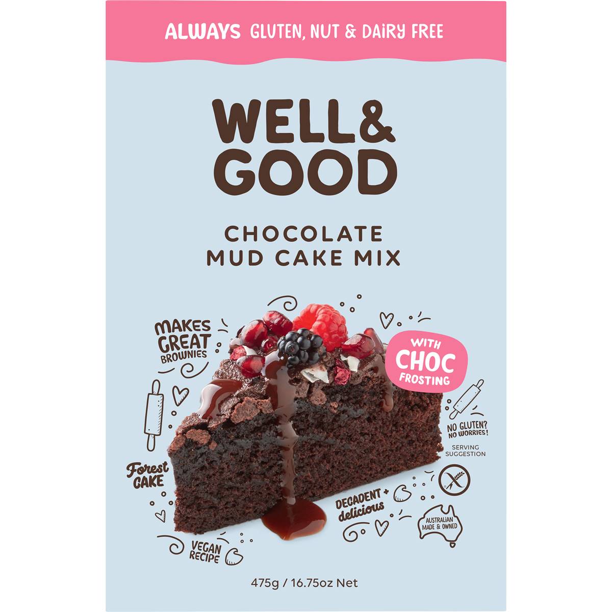 Well & Good Choc Mud Cake Mix + Choc Frosting (475g)