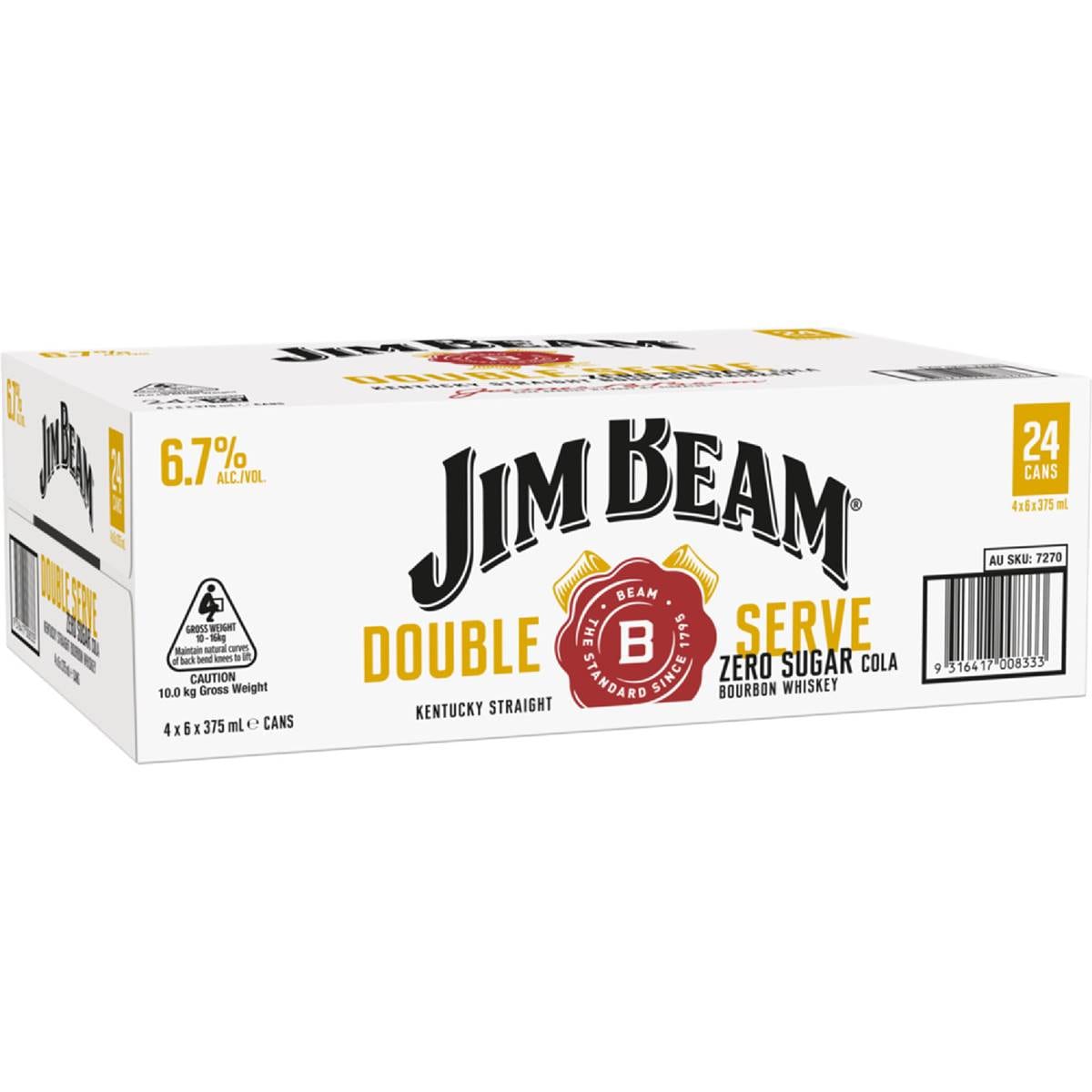 Jim Beam Double Serve Bourbon With Zero Sugar Cola Cans 375mL x 24 case