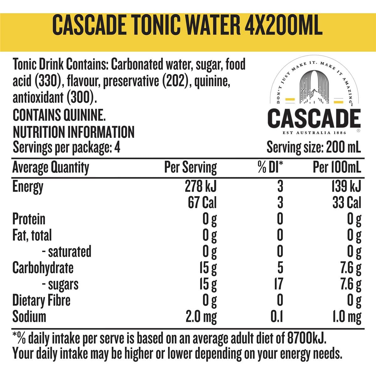Cascade Tonic Water Cans 4x200ml Woolworths