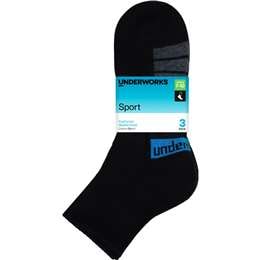 Underworks Mens Sport Quarter Crew Black 7 To 10 3 pack
