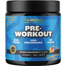 Famous Nutrition Sport Pre Workout Caffeine Energy Powder Mango Passion 225g
