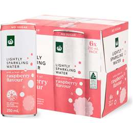Woolworths Lightly Sparkling Water Cans Raspberry 250mL x 6 pack