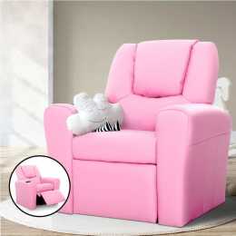1X Keezi Kids Recliner Chair Pink PU Leather Sofa Lounge Couch Children Armchair
