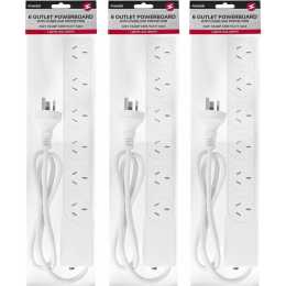 3x Power 6 Outlet Powerboard 1m Lead Extension Power Board Strip Cord/Socket WHT