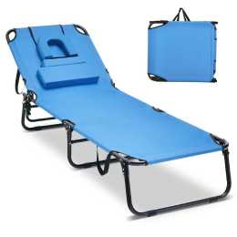 Costway Outdoor Reclining Sun Lounger Bed Foldable Deck Beach Chairs Recliner Oxford Fabric Head Cushion Pool Patio Backyard Blue