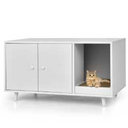 Costway Wood Sideboard Cat Litter Storage Cabinet Coffee Table Kitten House Hidden Cat Furniture w/2 Doors Divider & Scratching Pad White