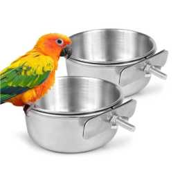 Nevenka Parrot Feeding Cup Bird Food Plate Stainless Steel Feeder Water Cage Bowl With Holder-14Cm