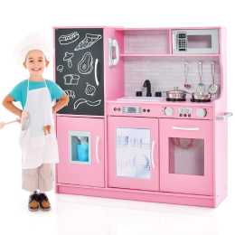 Costway Pink Pretend Play Kitchen with Cookware & Blackboard