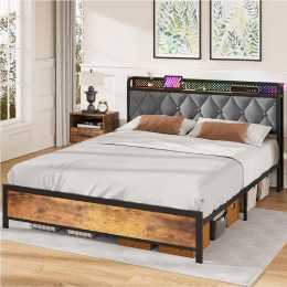 Advwin Bed Frame Double Size Mattress Base with Charging Station and RGB LED Lights Metal Bed Base Storage Headboard Shelf