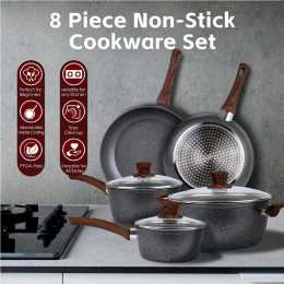 8-Piece Non-Stick Marble-Coated Cookware Set - Induction Compatible
