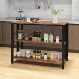 Costway 2-in-1 Kitchen Buffet Island 3-Tier Shelf Wooden Wine Bar Table Dining Living Metal Industrial Brown