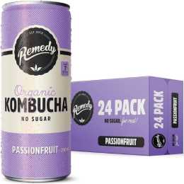 Remedy Kombucha - Organic Sparkling Live Cultured Drink - No Sugar Passionfruit - 24x250ml Can Case