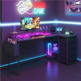 Advwin 160cm L Shaped Gaming Desk w/ LED Lights & Power Outlets Convertible Computer Desk w/ Monitor Stand & Drawer Black