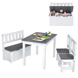 Babyjoy 4pcs Kids Table Chairs Set Wooden Children Activity Play Desk Bench Set Toy Storage Box Grey