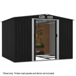 PlantCraft Galvanised Steel Garden Shed 2.58 x 2.07 x 2.02m with 2 Sliding Doors, 4 Air Vents, Gable Roof, Floor Frame, Black