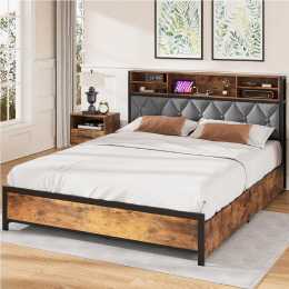 Advwin Bed Frame Queen Size with 4 Storage Drawers Charging Station and Storage Tufted Headboard Shelf Metal Bed Base