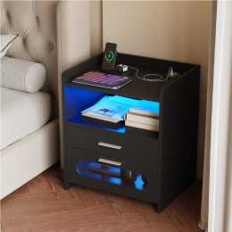 Advwin Bedside Table 2 Drawers Nightstand RGB LED Side Table with Wireless Charging Station and USB port Black