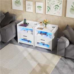 Advwin Set of 2 Bedside Table RGB LED 2 Drawers Nightstand Side Table with Wireless Charging Station and USB port White