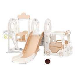 5 in 1 Slide Swing Set Kids Climber Ladder Steps Bus Playhouse Basketball Hoop Activity Playground Centre Indoor Outdoor Playset Toy