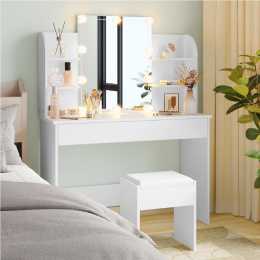 Advwin Dressing Table Stool Set 10 LED Bulbs Makeup Mirror Vanity Desk White