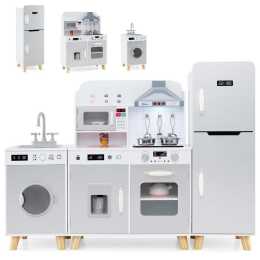 Costway 3-in-1 Kitchen Playset Corner Pretend Play Kitchen w/Fridge Washing Machine Grey