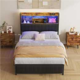 Advwin Bed Frame Queen Size with Charging Station and RGB LED Storage Headboard Shelf Metal Bed Base Leather