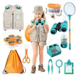 Kids Outdoor Explorer Kit Bug Catcher Binoculars Magnifying Glass Butterfly Net Safari Vest Hat Costume Drawstring Bag