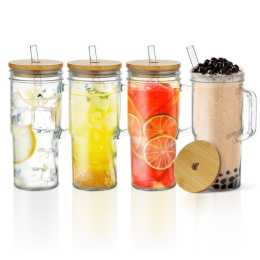 4PCS 650ml Glass Cups Handle Bamboo Lids Straws Iced Tea Coffee Beer Cocktail