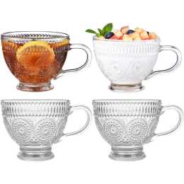 Large Embossed Tea Cup, Christmas Ribbed Coffee Mug Sets for Cereal Cappuccino Dessert, Crystal Friend Mum Gift (4 Pack)