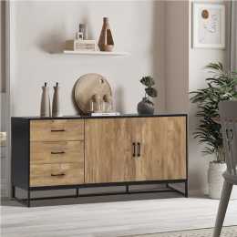 Oikiture Buffet Sideboard Cupboard 2 Doors 3 Drawers Black & Natural