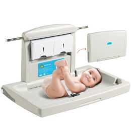 Wall-Mounted Baby Changing Station, Horizontal Foldable Diaper Change Table with Safety Straps and Hanging Rods, Use in Commercial Bathrooms, Daycare Centers for Newborns &