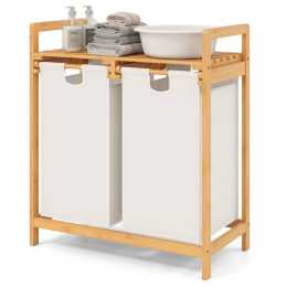 Costway Bamboo Laundry Hamper 2-Section Laundry Sorter Basket w/Sliding Bags & Shelf