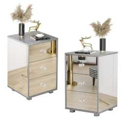 Advwin Set of 2 Mirrored Bedside Table Side Table 3 Drawers Storage Cabinet Nightstand