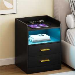 Advwin Bedside Table 2 Drawers LED Nightstand with Human Induction and Wireless Charging Station USB & Type-C Port Black