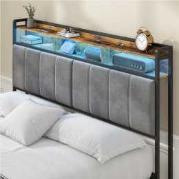Advwin Double Size Storage Headboard Upholstered with LED Light Charging Station Height Adjustable