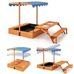 Costway Sandpit Wooden Sandbox Set w/Cover Rotatable Canopy & Foldable Picnic Sensory Table Bench Outdoor Sand Pit